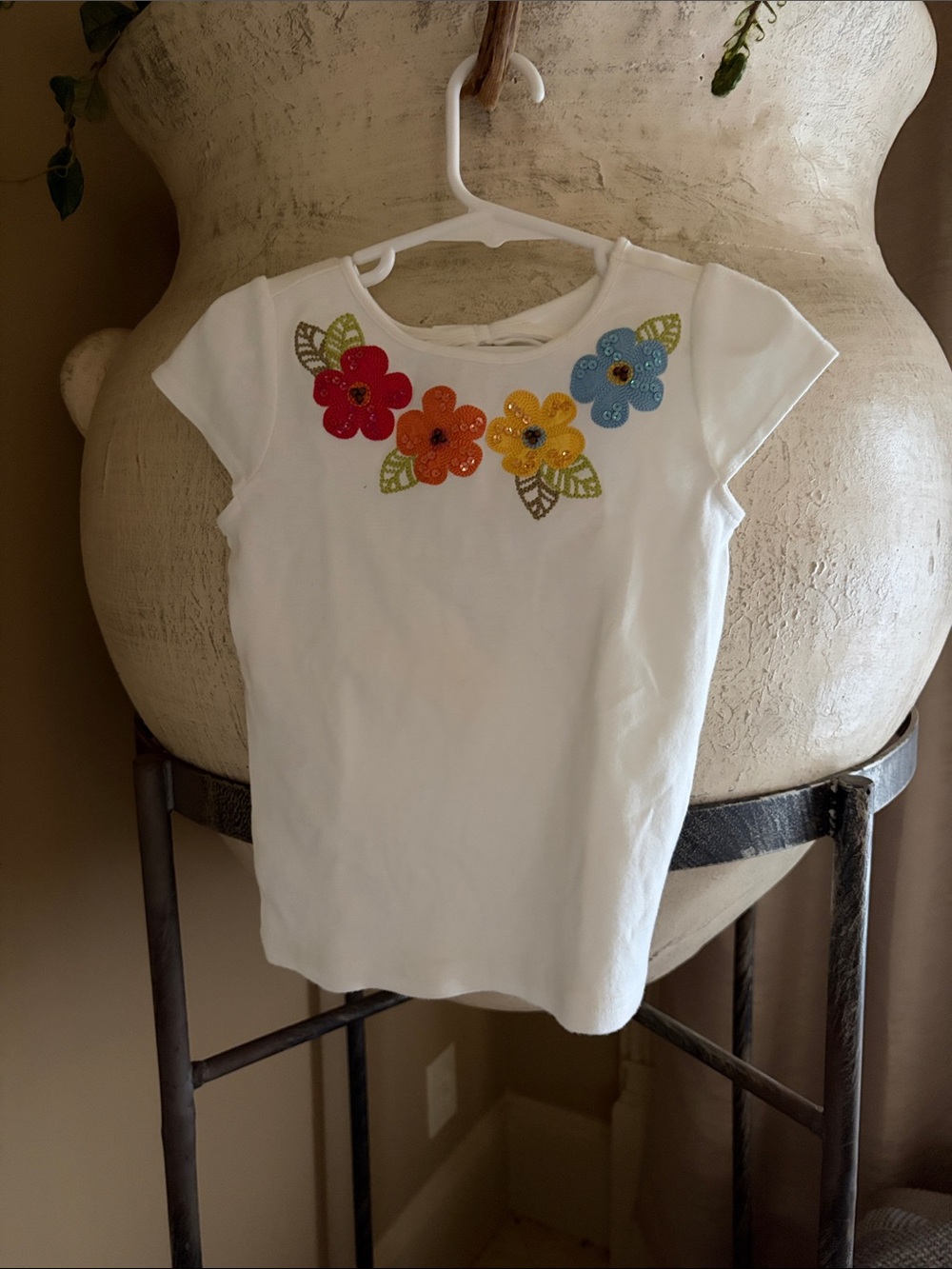 Gymboree White Short Sleeve Tee with Red Orange Yellow Blue Floral Appliqués